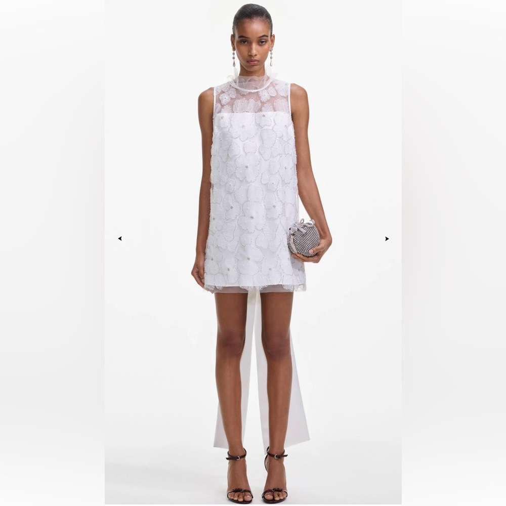 Self-Portrait White Tulle Satin Bow Mini Dress